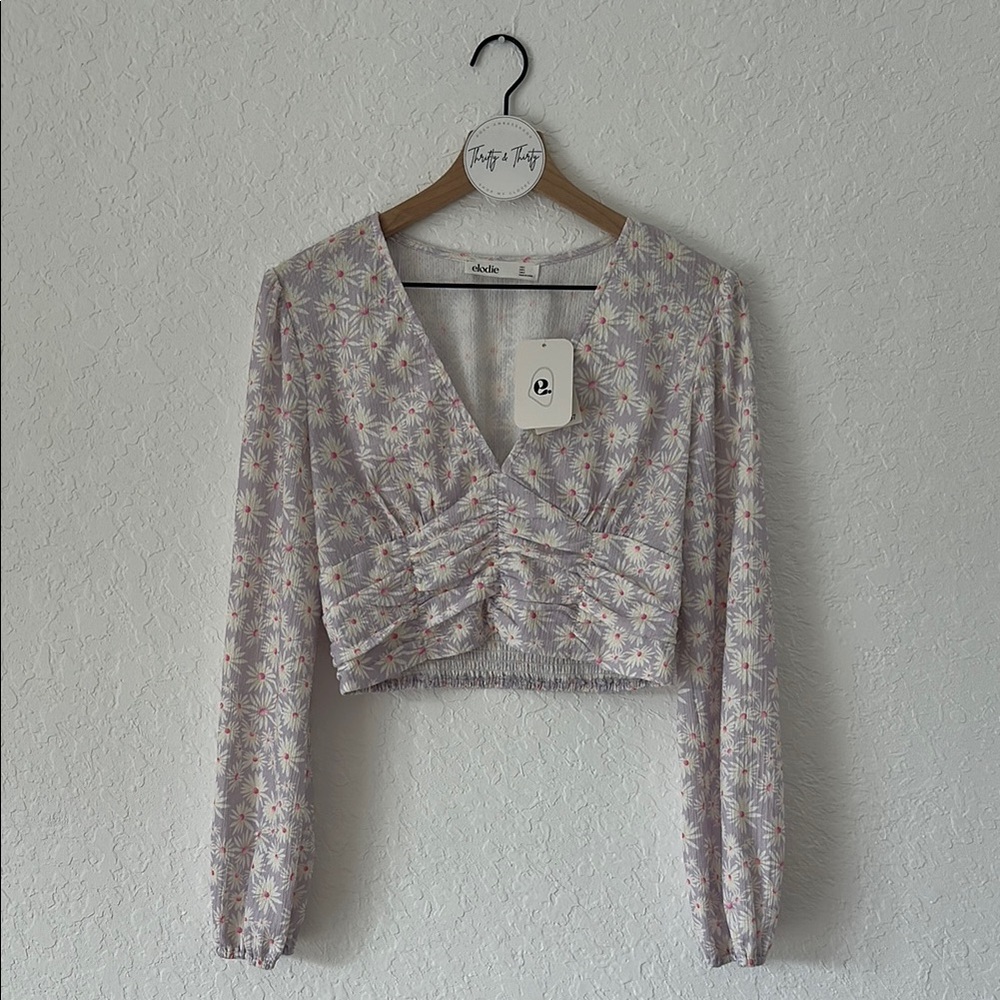 Elodie Women’s Top Long Sleeve Ruched Crop Blouse Size Large